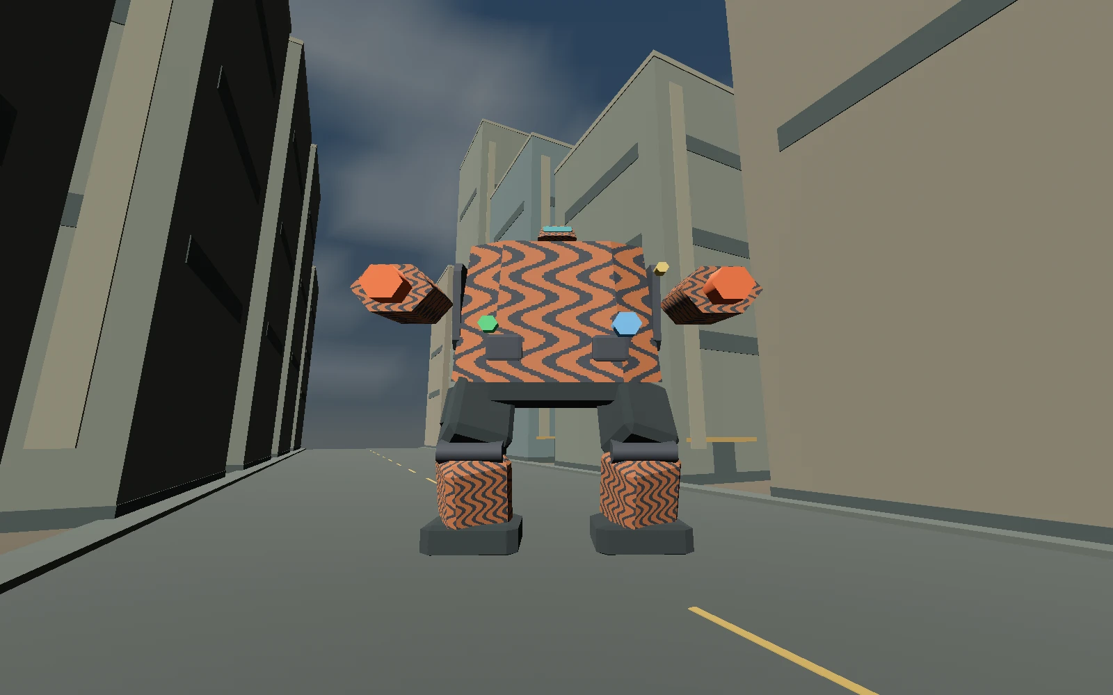 A battle-worn Bastion in orange and charcoal tiger paint stands in a city street between high-rise buildings.